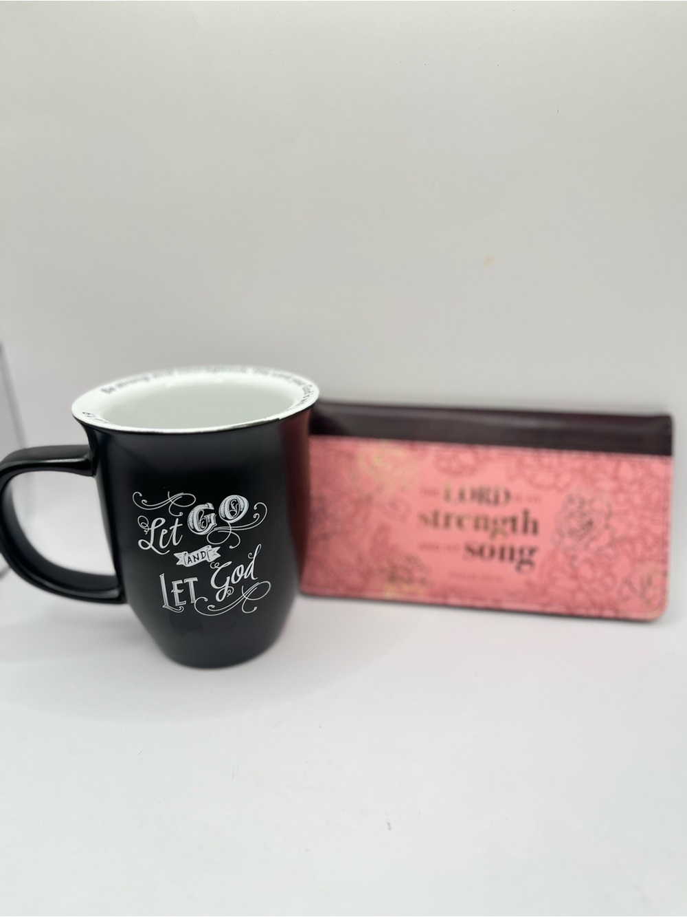 Black Ceramic Mug with White Script "Let Go and Let God"/ Psalm Checkbook Cover
